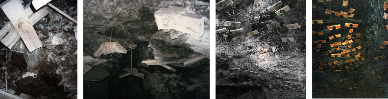 Slickensides (glassy surfaces) are common in underclays beneath coal riders in mine roofs. In each of these examples, the roof fell to the base of a rider in the roof.